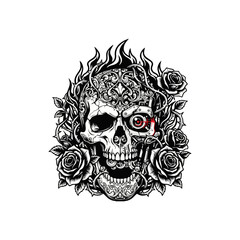 Fototapeta premium Human skull surrounded by blooming roses and thorn vines, elegant gothic composition, monochrome black ink vector, intricate floral details, tattoo style, high contrast, isolated on white