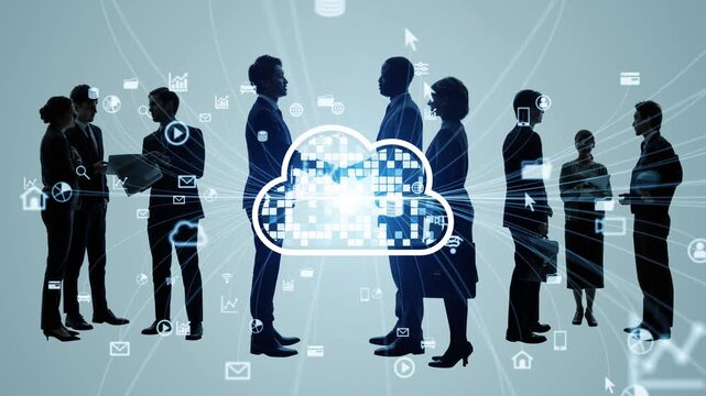 多国籍の人々とクラウドネットワーク。DX、AI、グローバル、ビジネス、人材、グループウェア、システム
