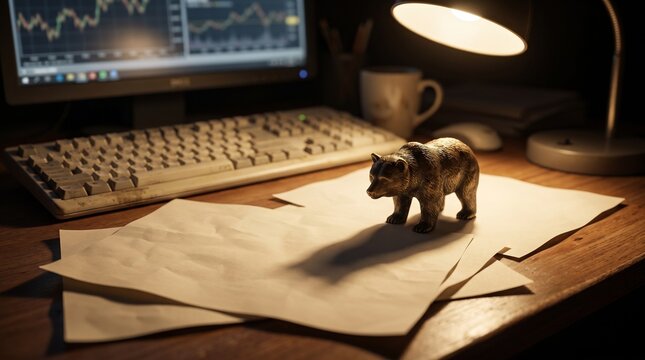 Bear market financial trading desk setup with computer and chart