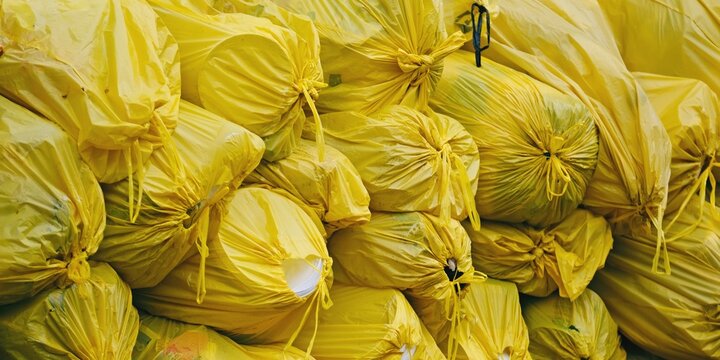 Yellow bags for plastic waste. Panoramic image. 