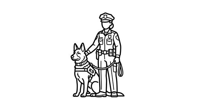 Professional Black and White Line Drawing of Police Officer with K9 Unit Dog in Uniform with high quality professional line art symbols for modern creative design and digital branding projects