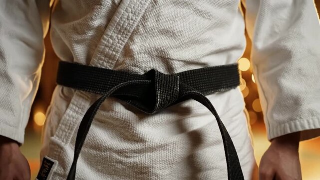 Close-Up Of Black Belt In Karate Uniform Focusing On Intricate Details Against Bokeh Background With Soft Lights