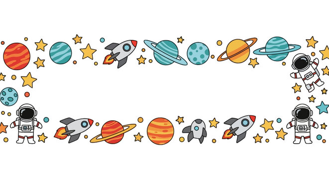 Astronaut and outer space frame with planets and rockets