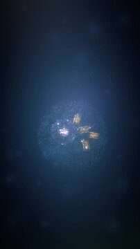 Glowing particle cell floats in deep blue fluid, nucleus and golgi structures shimmering inside the membrane, science visual made for medical explainers and health marketing.