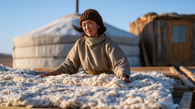 A Mongolian felt maker stretching a large wool batt over outdoor frames in winter sun, breath visible, portable yurt workshop behind her, December steppe wind lifting the fleece