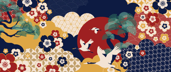 Japanese crane and plum blossom background vector. Flying birds, red sun, clouds and traditional geometric wave motifs on dark blue for fabric, wallpaper, packaging and greeting cards. © TWINS DESIGN STUDIO