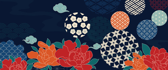 Japanese peony floral background vector. Red and orange flowers, clouds and traditional geometric circle motifs on dark blue for fabric, wallpaper, packaging and greeting cards. © TWINS DESIGN STUDIO