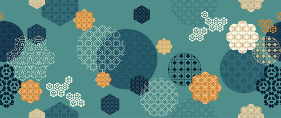Plakat Japanese geometric circle and hexagon pattern vector. Teal, navy and orange floral lattice motifs for fabric, wallpaper, wrapping paper, packaging and textile print.