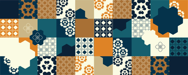 Obraz na płótnie Canvas Japanese geometric patchwork pattern vector. Teal, navy, orange and cream floral squares, hexagons and lattice motifs for fabric, wallpaper, packaging and textile print.