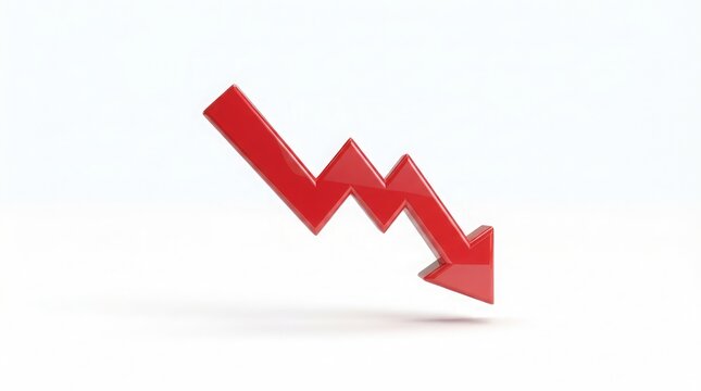 A red plastic arrow pointing downwards on a white surface with blocks