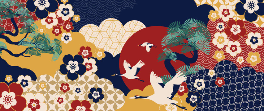 Japanese crane and plum blossom background vector. Flying birds, red sun, clouds and traditional geometric wave motifs on dark blue for fabric, wallpaper, packaging and greeting cards.