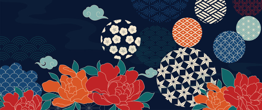 Japanese peony floral background vector. Red and orange flowers, clouds and traditional geometric circle motifs on dark blue for fabric, wallpaper, packaging and greeting cards.