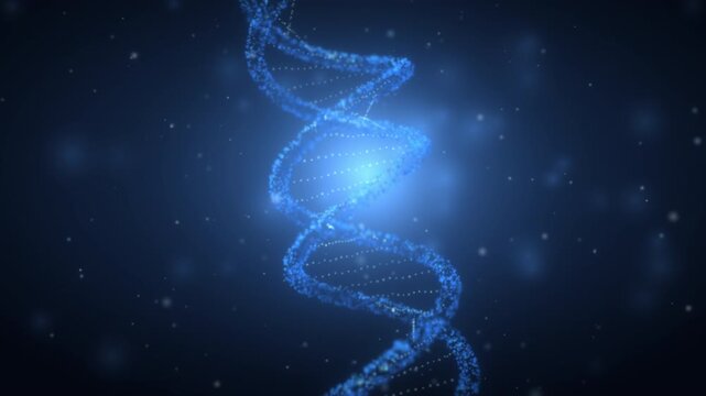Blue particle DNA double helix rotates slowly through glowing depths, base pairs sparkling along each strand, genetics visual for research films and biotech advertising.