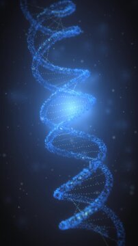 Towering DNA strand built from luminous particles spirals upward against dark blue, sequencing sparks tracing the code, perfect for genetics reels and lab brand content.