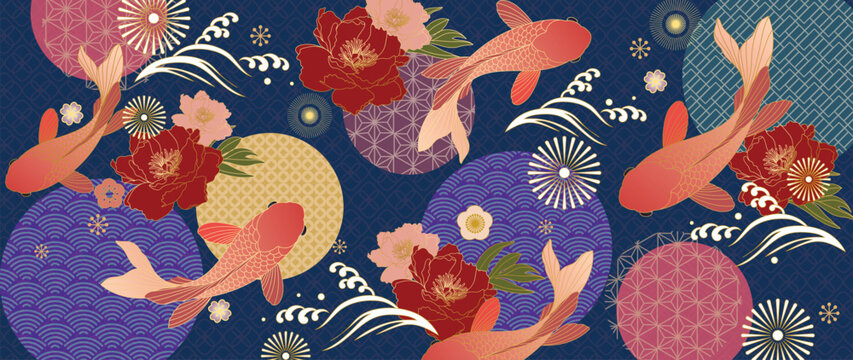 japanese, koi, fish, carp, peony, floral, flower, pattern, vector, wave, ocean, water, swimming, botanical, blossom, geometric, circle, traditional, asian, oriental, japan, kimono, textile, fabric, wa