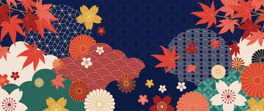 Japanese autumn maple leaf and chrysanthemum background vector. Colorful red foliage, floral motifs and traditional geometric patterns on dark blue for fabric, wallpaper and packaging.