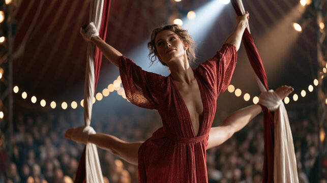 Circus aerialist mid-performance high above a packed tent audience, silk fabric coiled around one wrist and one ankle as she extends in a dramatic split pose, spotlight cutting