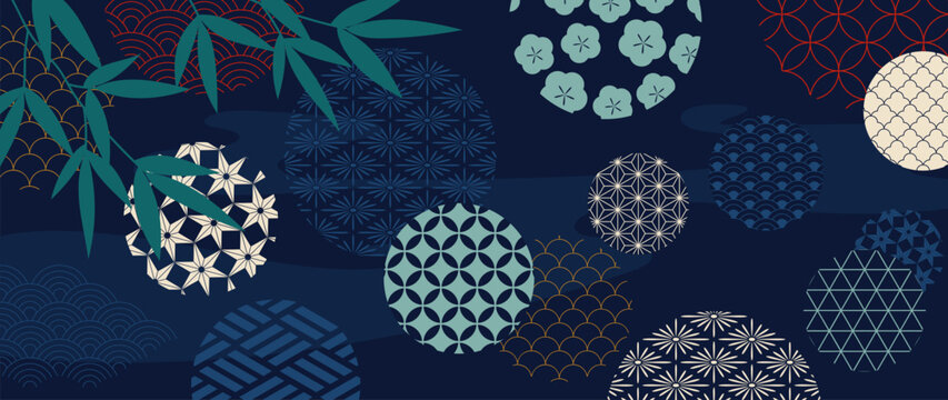 Japanese bamboo and plum blossom pattern vector. Green leaves, floral motifs and traditional geometric circles on dark navy background for fabric, wallpaper, packaging and wrapping paper.