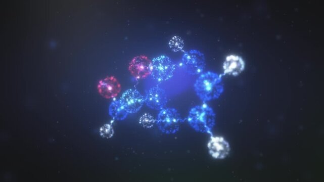 Glowing 3D molecule model turns in dark space, bonded atoms in crimson, blue and white pulsing with energy, chemistry visual for pharma advertising and science explainers.