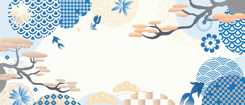 Japanese pine tree and bird floral frame vector. Blue geometric wave circles, blossoms and blank cream center for greeting cards, invitations, banners, wallpaper and packaging.