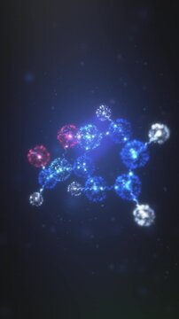 Complex molecular cluster of glowing atoms drifts and rotates in dark blue space, bonds flickering with light, science backdrop for pharma reels and chemistry explainers.