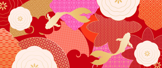 Naklejka na ściany i meble Japanese koi fish floral pattern vector. Colorful carp, camellia flowers and traditional geometric textile motifs in red, pink and orange for fabric, wallpaper and packaging.