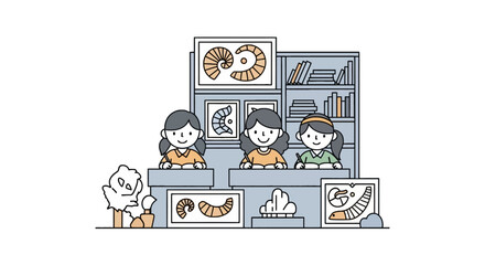 School girls studying fossils and paleontology in classroom © aldo