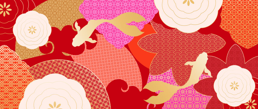 Japanese koi fish floral pattern vector. Colorful carp, camellia flowers and traditional geometric textile motifs in red, pink and orange for fabric, wallpaper and packaging.