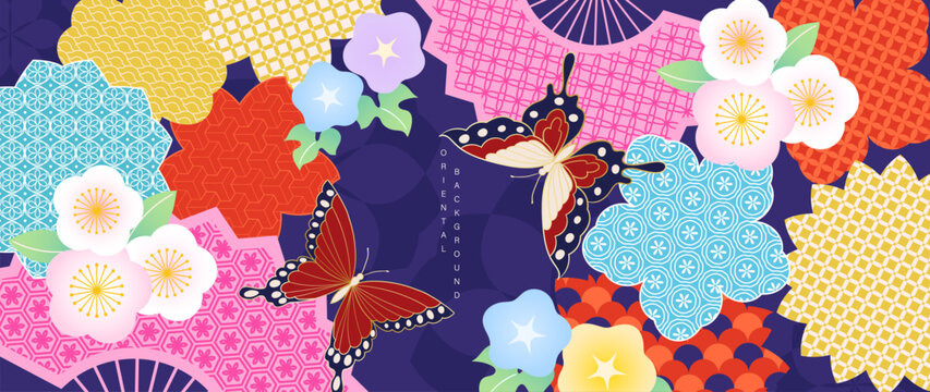 Japanese floral and butterfly pattern vector. Colorful sakura, plum blossoms and traditional geometric textile motifs on dark blue background for fabric, wallpaper and packaging.