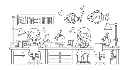 Female scientists working in a laboratory with floating fish © aldo