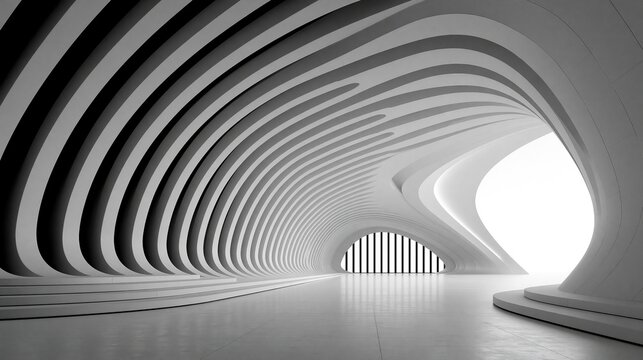 Empty modern parametric curved corridor interior with repeating white ribbed structures showcases beautiful contemporary minimalist architectural design and clean open floor space