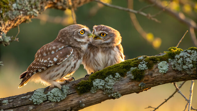 Two small brown and white owls perched on a branch. Small owl birds sitting on tree limb.