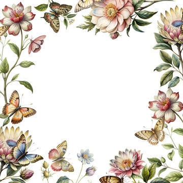 Botanical delicate frame for wedding invitations, other celebrations, flowers with a yellow center, green leaves and buds with butterflies, detailed textures of the plant and butterfly.