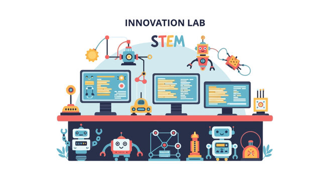 Innovation lab with computers and robotic stem learning