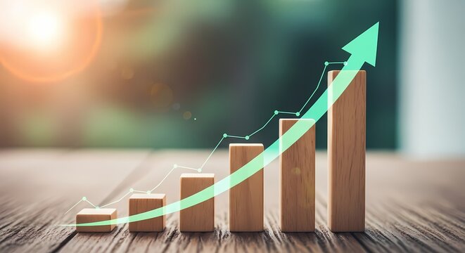 Business growth and success concept with rising arrow on wooden blocks. Financial progress and profit increase trend on table background.