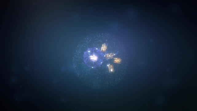 Single living cell drifts through blue fluid, its nucleus glowing beside golden organelles inside a shimmering membrane, science footage for medical explainers and pharma ads.