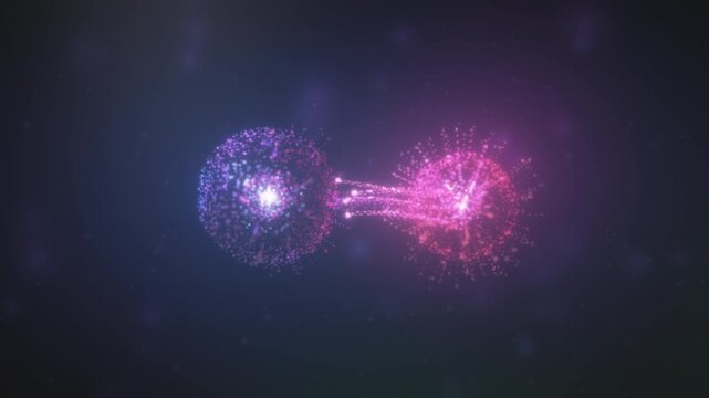Glowing virus fires genetic strands into a blue cell membrane, infection unfolding in a dark microscopic world, science animation for vaccine ads and medical presentations.