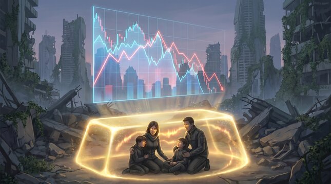 Family protected by energy dome during economic crash in ruins