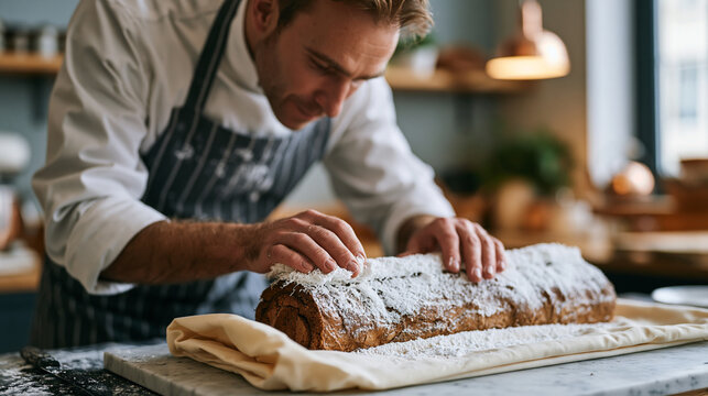 Scottish baker decorating a Yule log cake with spun sugar, December bakery interior, flour dusted apron, marble counter, seasonal pastry commission, holiday confectionery