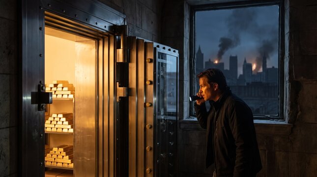 Man with flashlight illuminates vault filled with gold bars amid burning city