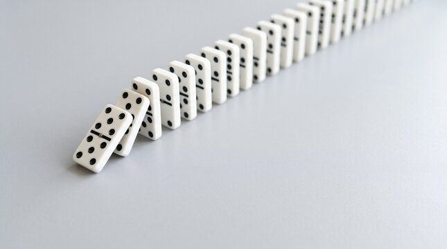 White dominoes lined up in sequence ready to topple. Minimalist game pieces set for chain reaction demonstration on neutral background.