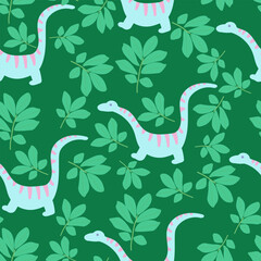 seamless pattern with cute sauropod dinosaurs and tropical green leaves illustration on dark green background © SunnyColoring
