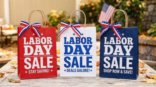 Labor Day sale shopping bags with red white blue ribbons. Patriotic retail discount event signage for holiday promotions and storefront displays.