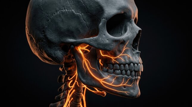 Human skull with glowing orange veins. Skeleton head with vibrant lightning effect.