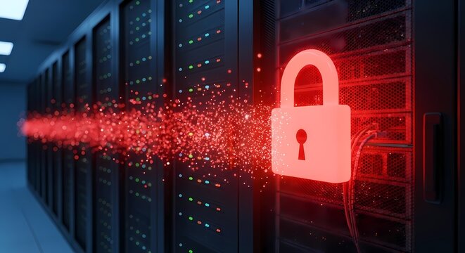 Digital security lock glowing on server rack. Cyber protection shield with data encryption particles in dark data center.