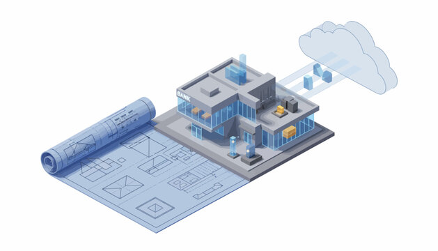Bank building on blueprints connecting to cloud storage