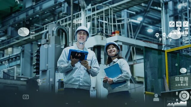 工場で働く作業員と統計データ。人材、DX、テック、ビジネス、産業、製造業、工業、自動化、エンジニア