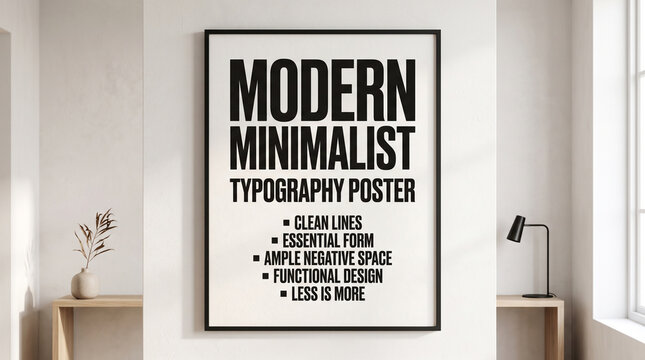 Modern minimalist typography poster design on wall. Clean black and white motivational quote print for office or home decor.