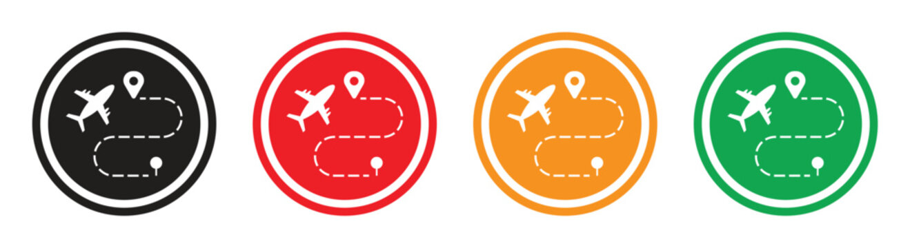 Airplane Route Path Icon Set with Location Pins and Flight Travel Navigation Symbols