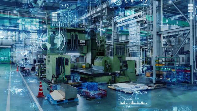 工場とデジタルテクノロジー。産業、機械、製造業、工業、DX、AI、システム、クラウド、未来、テック
